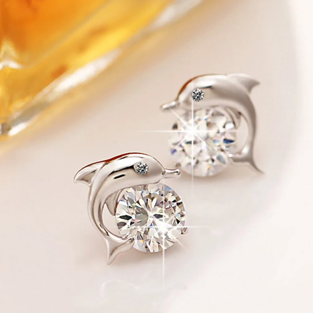 M MISM Cute Dolphin Love Stud Earrings New Korean Style Small Shiny Kolczyki Cubic Zirconia Boucle D'oreille | Украшения и