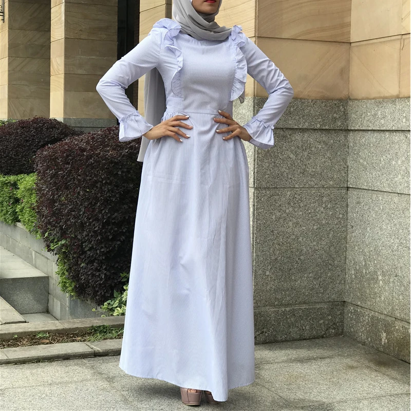 Плюс Размер Vestido Longo Robe Femme Ete ОАЭ Абая, для мусульман ислам кафтан оборками Полосатый Макси Bodycon платье хиджаб женская одежда