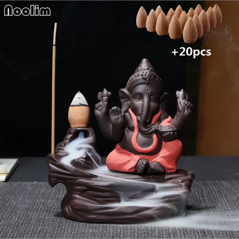 Red B -Sandalwood NOOLIM Ganesha горелка для благовоний с обратным потоком слон Бог эмблема благоприятный и успех керамическая конусная кадильница домашний декор с 20 шт. конусами - Цвет: Red B -Sandalwood