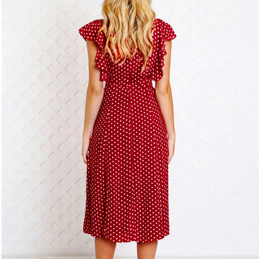 Винтажное женское платье в горошек с оборками Boho 2018 летнее без рукавов v образным