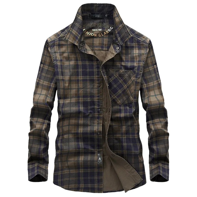 Рубашка мужская в стиле милитари хлопок клетку с длинным рукавом модная