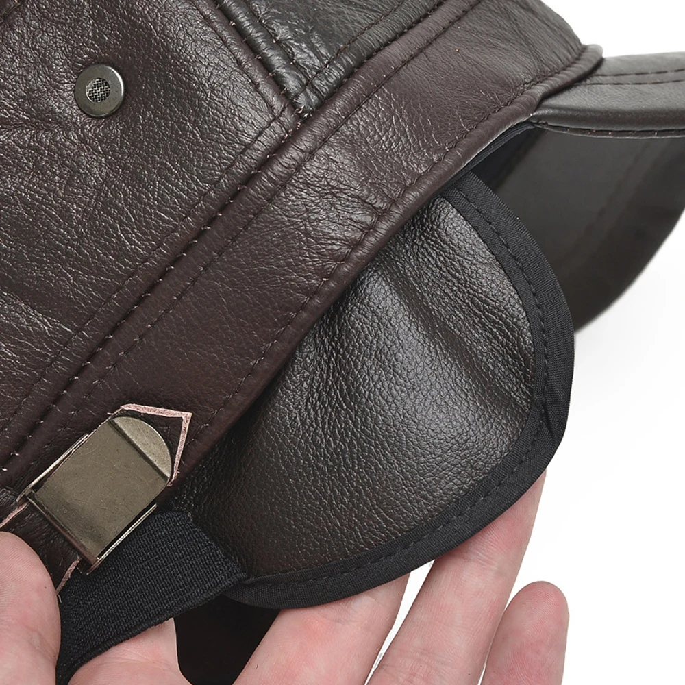 Genuine Real Cowhide Leather Earflap Hats Male Fall Winter Cow Flat Hat Hot Sale Outdoor Baseball Caps | Аксессуары для одежды