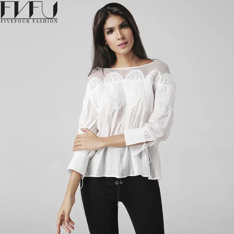 Мода 2017 Рубашка Женщины Весна Лето Блузка Белого Кружева Лоскутное Рубашку