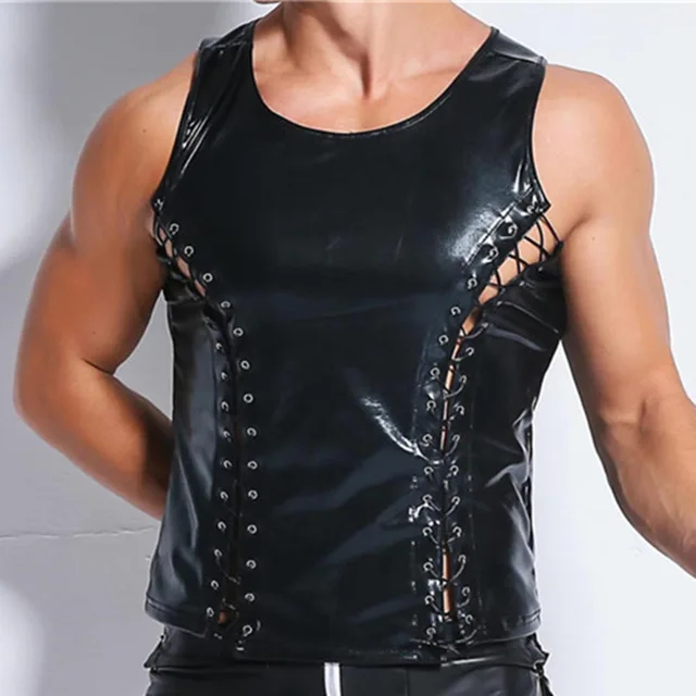 Undershirts AIIOU эротические забавные для мужчин искусственная кожа майки футболки пикантные Фитнес Черный бинты гей хип хоп мужчин Одежда для танцо - Цвет: Undershirts