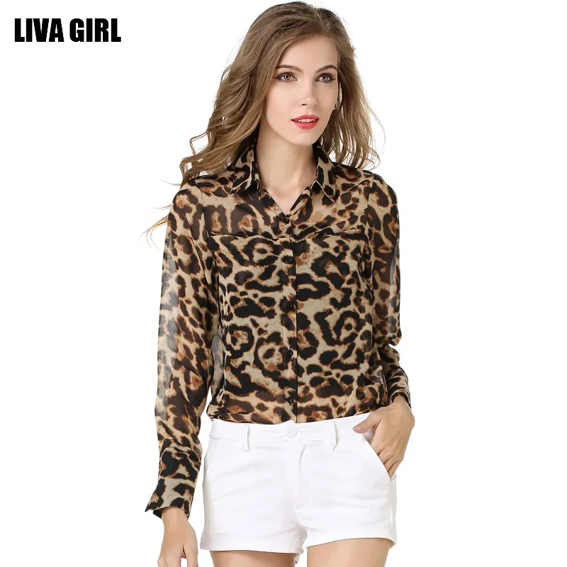 Осенний сезон 2016 г. женские новые свободную рубашку леопардовая расцветка шифона
