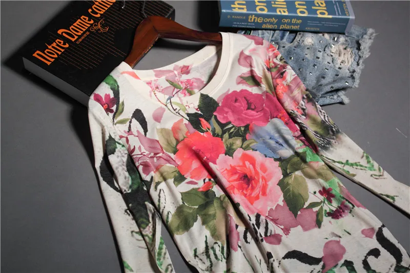 Модная женская футболка с принтом пиона, 4XL, осень, тонкая футболка с длинным рукавом, топы с круглым вырезом, графическая футболка, базовая футболка для женщин