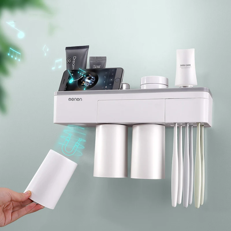 

Practical Toothbrush Holder Adjustable Wall Mount Bathroom Toothbrush Rack Stand Automatic Kitchen Organizer Toothpaste Holder