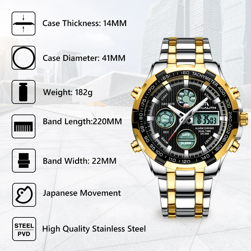 MEGALITH Digital Sports Watch Men Luxury Gold Quartz Male Clock Waterproof Chronograph Military Sport Led Wrist Mens | Наручные часы
