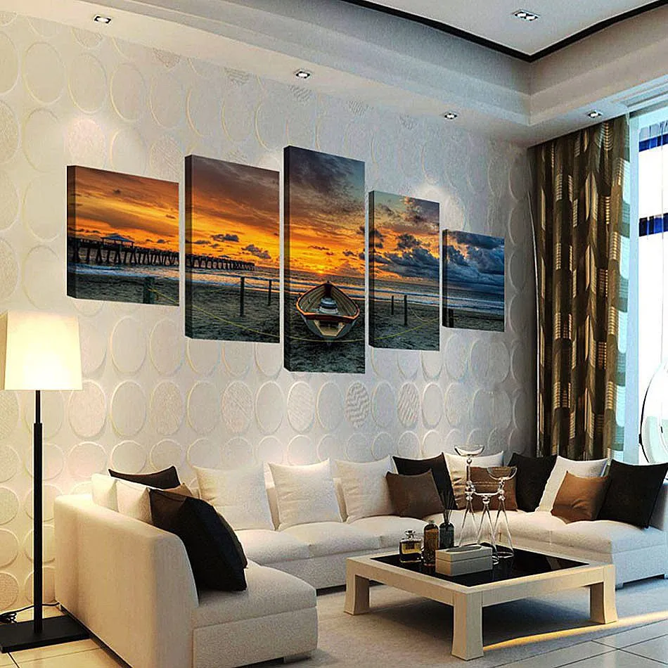 Modular Vintage Art Canvas Wall 5 Panel Seascape And Boat Home Decor Print Painting Tableau Picture For Living Room Poster | Дом и сад