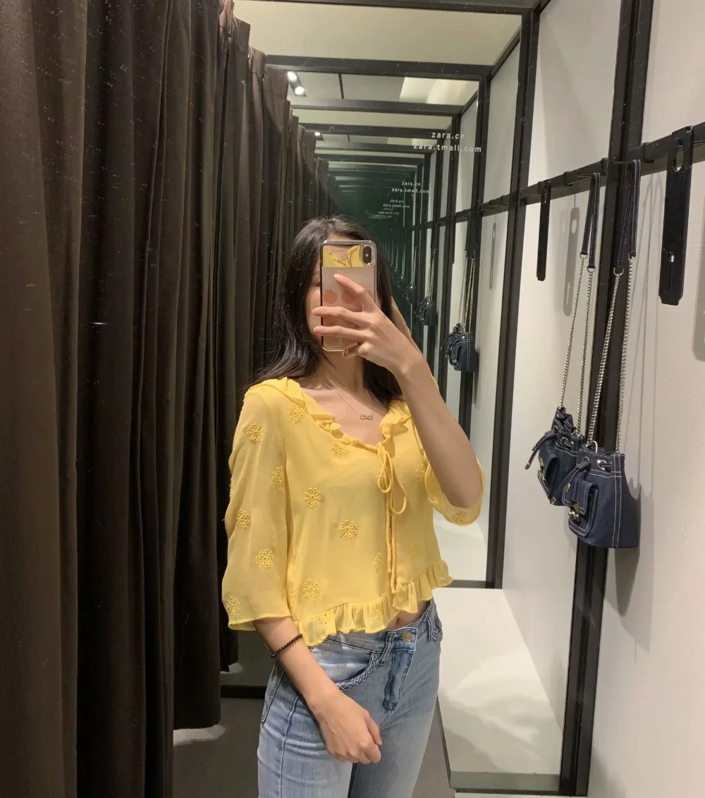 Женская желтая блузка с рюшами и v образным вырезом короткий рукав открытая