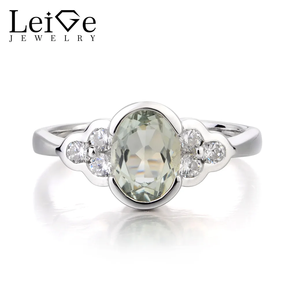 

Leige Jewelry Engagement Ring Natural Green Amethyst Ring Oval Cut Green Gemstone Solid 925 Sterling Silver Bezel Setting Rings