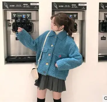 Модное пальто из овечьей шерсти, женская зимняя Новинка, парка с отворотом, Короткая Меховая куртка, однобортная теплая Женская куртка, Топ - Цвет: blue