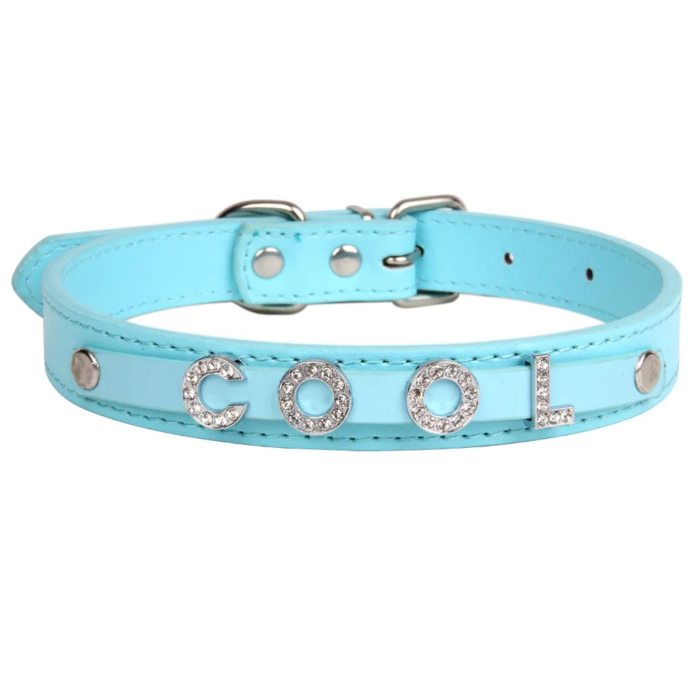 Light Blue Стразы, буквы, на заказ, ошейник для домашних животных, кошек, собак, кожаный ошейник для щенков, для маленьких и средних собак, индивидуальная идентификация имени - Цвет: Light Blue