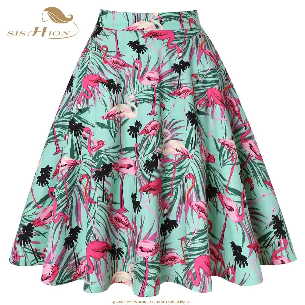 Green Flamingo SISHION женская летняя юбка новая VD0020 Женская высокая талия мороженое с цветочным винтажным принтом Ретро хлопковая юбка jupe femme - Цвет: Green Flamingo
