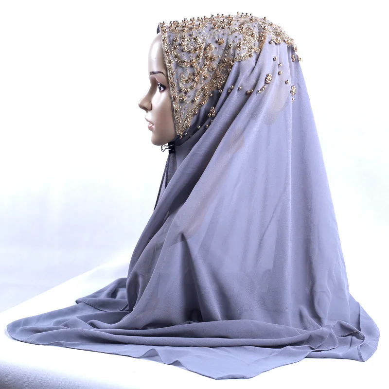 New Arrival Premium Plain Chiffon Hijab Scarf For Muslim Female Gold Pearl Glitter Islamic Turban Headband Shinny Shawl 170*70cm