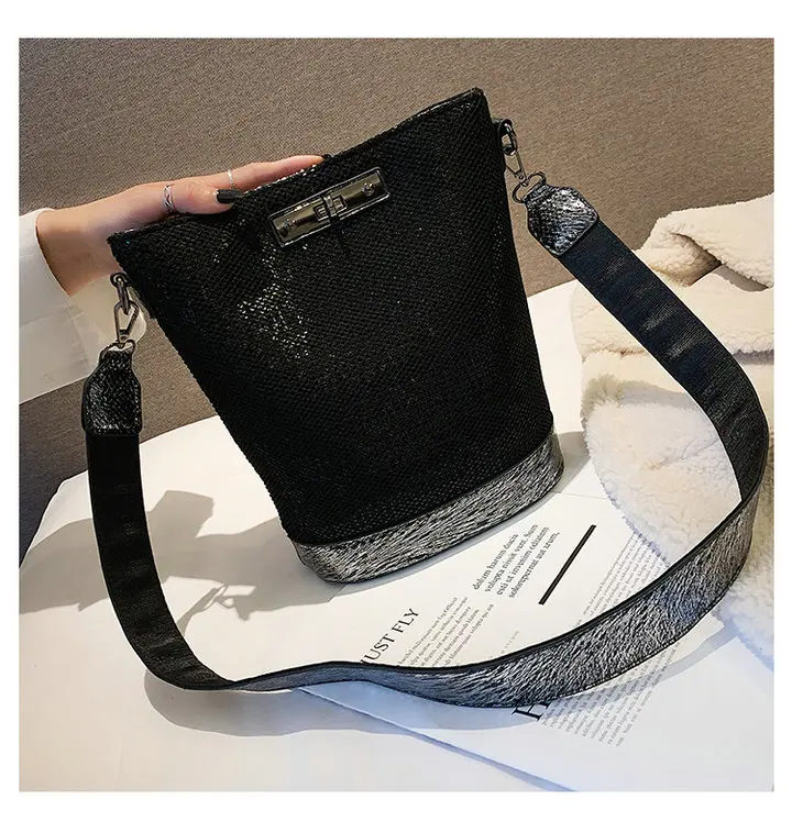 Fashion Luxurious female Korean Sequin Bling Black Bag shoulder Bucket bag Designer Ladies Crossbody Messenger Bags B42-29