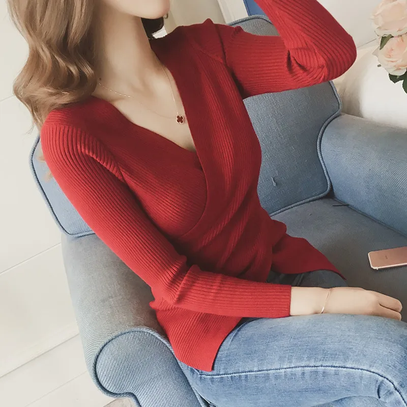 Red wine UHYTGF chompas de mujer para el invierno свитер, вязаный пуловер, Женский Осенний тонкий свитер с длинным рукавом, эластичный сексуальный свитер 550 - Цвет: Red wine