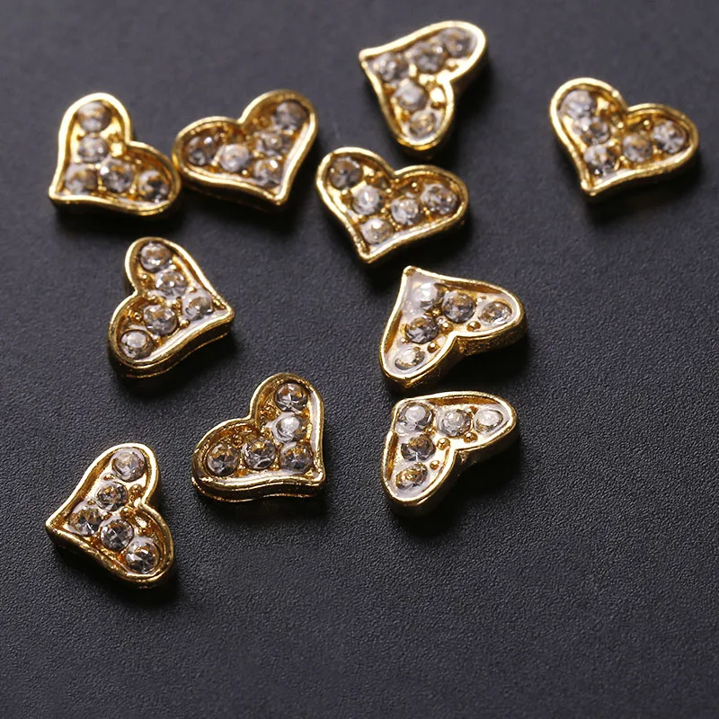 10 шт. золотые металлические стразы в форме сердца 3d украшения для ногтей наклейки