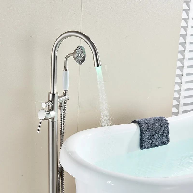 Brushed Nickel Хром/золото/Античный/ORB/никель ванная комната напольное крепление ванный кран с двойной ручкой наполнитель однополюсный поворотный носик для ванной душ - Цвет: Brushed Nickel