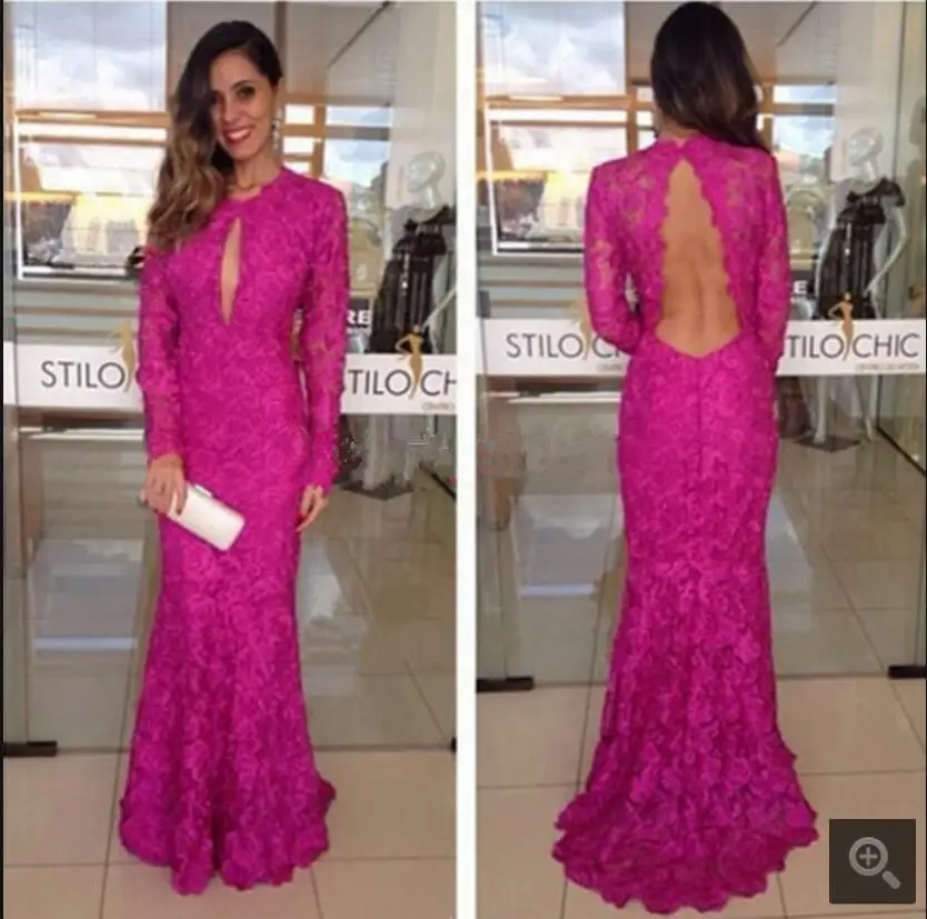 Женское вечернее платье с русалочкой кружевное цвета фуксии длинным рукавом и