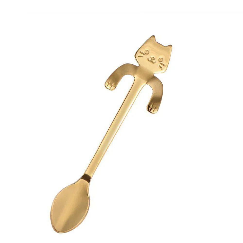 golden Милая Мини 304 кофейная ложка из нержавеющей стали Kitty Cat, ложка для перемешивания, чайная ложка, чайная ложка, десертная ложка, длинная ручка, посуда, золото - Цвет: golden