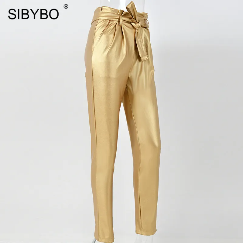 Sibybo/повседневные женские брюки с высокой талией из искусственной кожи; осенние модные узкие брюки на завязках; женские уличные брюки с карманами