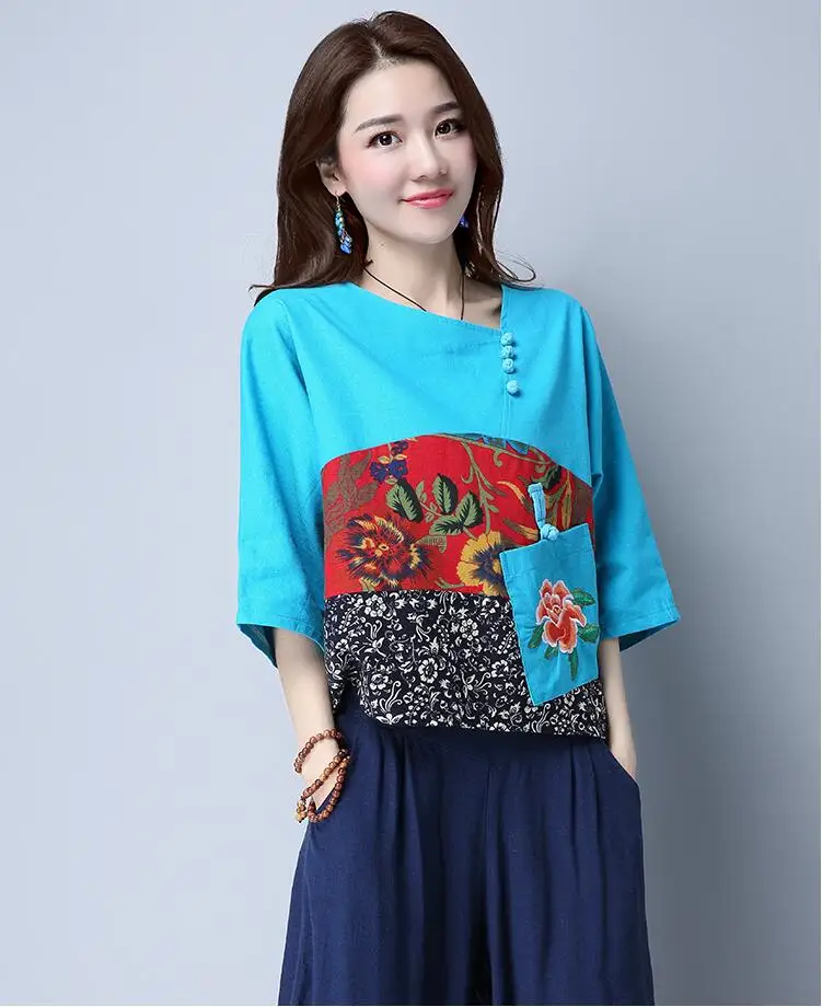 Женская рубашка из хлопка и льна с вышивкой рукавом до локтя|sleeve women|plus size blousesblouses