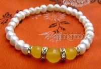 qingmos 6 7mm round natural white pearl bracelet for women with yellow round natural jade stone bracelet 7 5 jewelry bra293