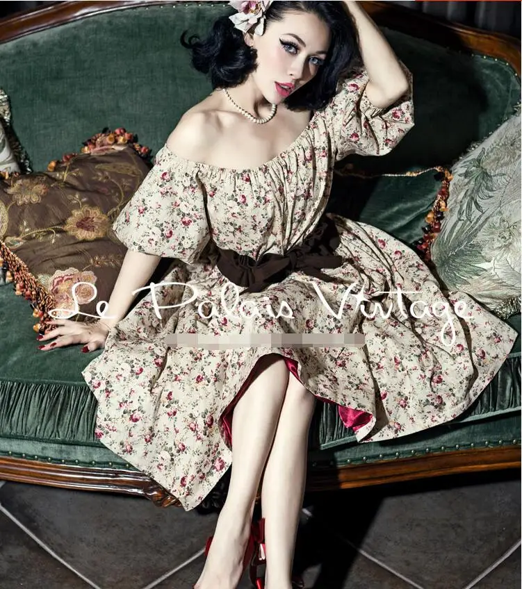 Puff Sleeve waistband with fresh and elegant floral Ball Gown dress short sleeve head Slash neck off-shoulder | Женская одежда