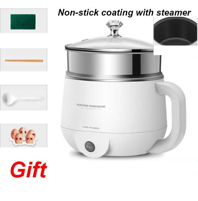 Nonstick with st Multifunctional Electric Cooker 220V Heating Pan Electric Cooking Pot Machine Hotpot Noodles Eggs Soup Steamer mini rice cooker - Цвет: Nonstick with st