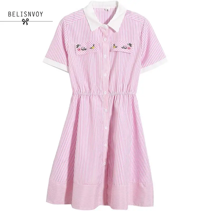 Женское платье рубашка в полоску розовое синее с оборками на рукавах и вышивкой