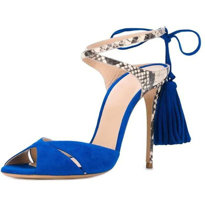 KEAIQIANJIN Women Snakeskin Pattern Sandals Summer Yellow Blue Sexy Pumps Fringe Plus Size 34 - 43 Wedding High Heels | Обувь