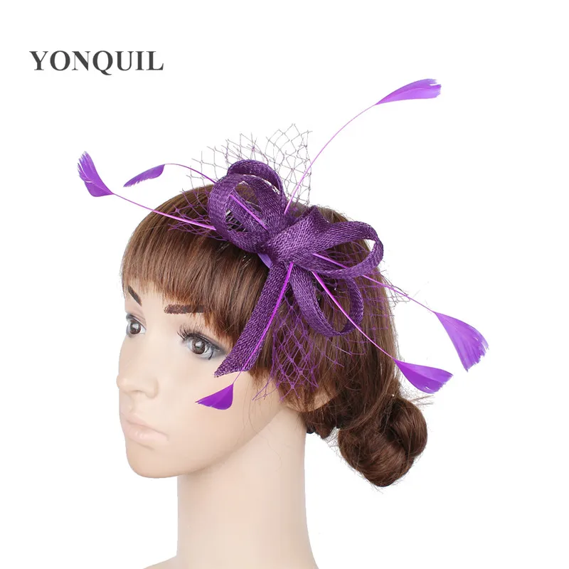 

Orange Or 21 Colors Fancy Feather Sinamay Women Hats Wedding Fascinator With Veil Decor On Hair Clips Charming Headdress SYF03