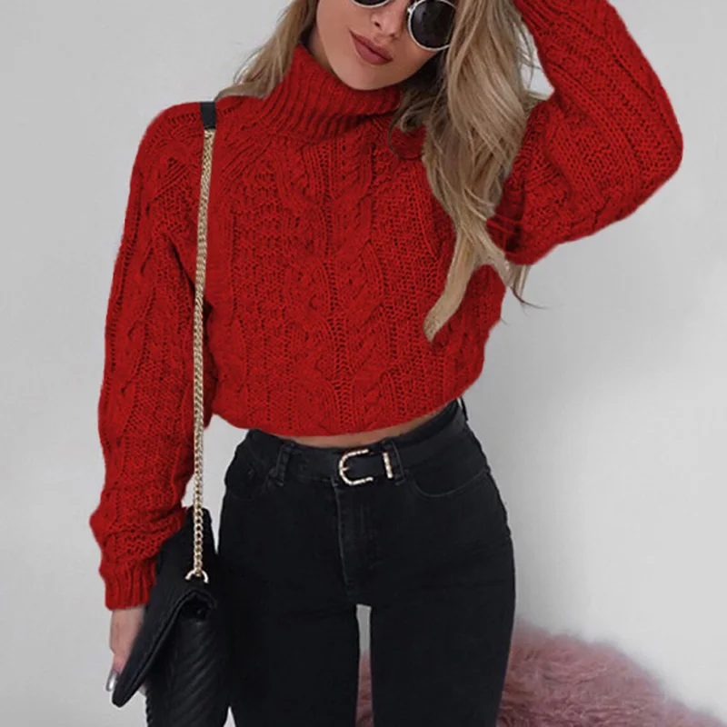 Женский трикотажный короткий свитер черный с высоким воротом Прямая поставка 2019