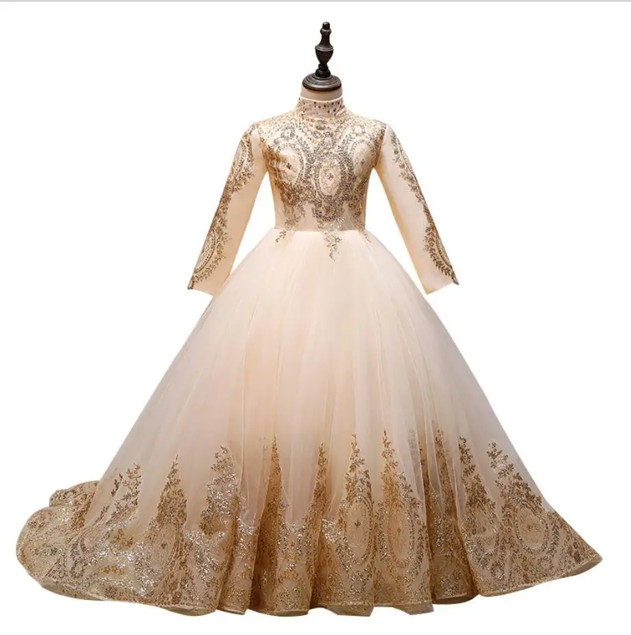 Gold Sequin Lace Flower Girl Princess Dress Long Sleeve Trailing Party Wedding Toddler First Communion Gown | Детская одежда и