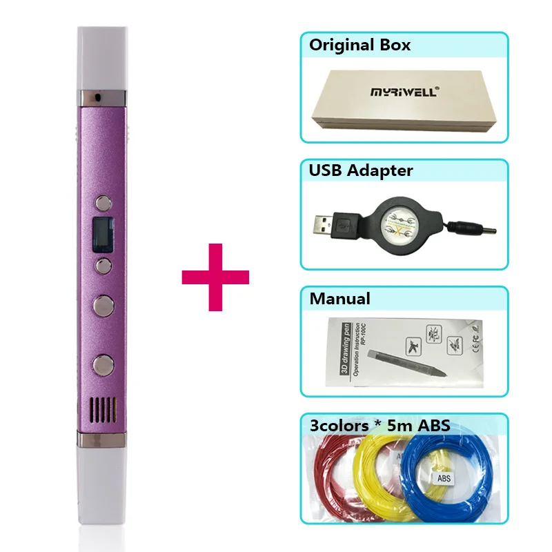 myriwell 3d ручка для рисования，LED дисплей，USB-зарядка，3д ручка 3d pen 3d pens Позволяет детям делать бесплатную живопись 3 д ручка 3 д триде ручка 3d ручка самая дешовая 3d Ручка зд ручка 3d для объёмного рисования - Цвет: purple
