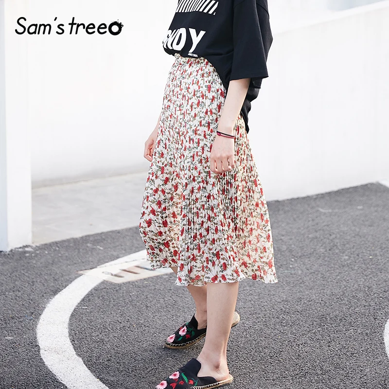 Samstree, винтажная, свободная, летняя, для женщин, Vestidos, с цветами, женская плиссированная юбка, до середины икры, с высокой талией, для девушек, низ, 2 цвета