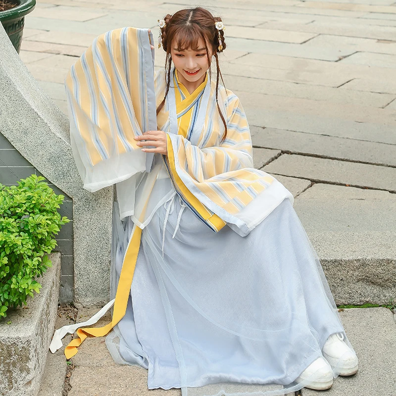 

China Japan Korea Waist wide long sleeves cross collar improvement Hanfu Cantonese embroidery Dress performance Student Costume
