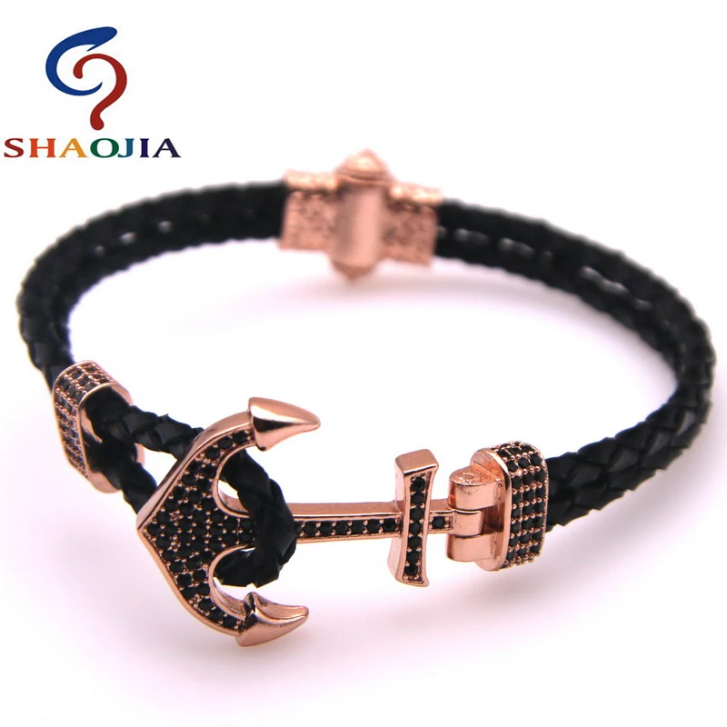 2020 Новый плетеный кожаный браслет с якорем из микроциркона шармами для мужчин и