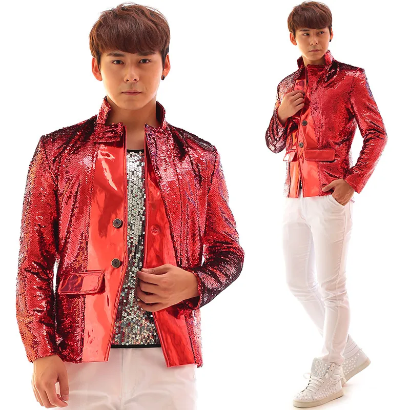 Мужская приталенная куртка с красными блестками размера плюс по индивидуальному