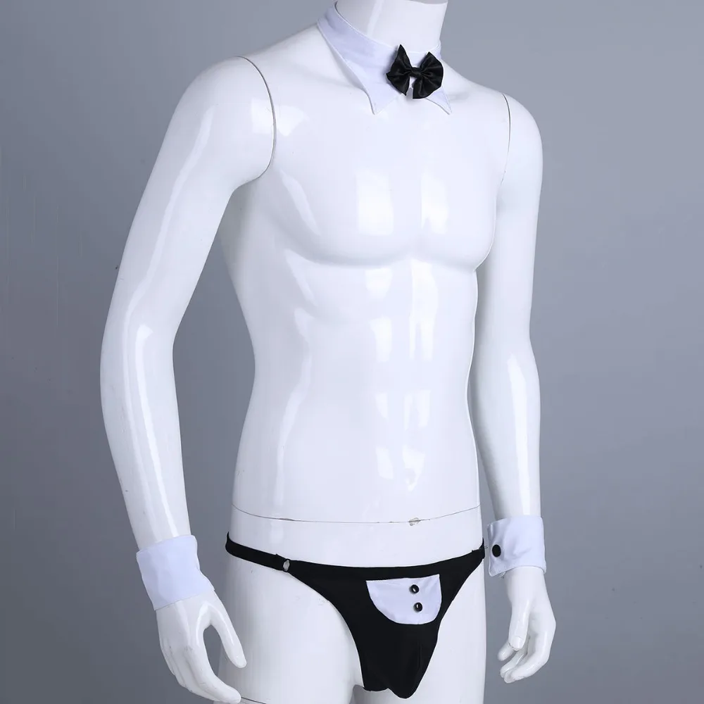 Мужское нижнее белье Butler, костюм Официанта, открытая спина, смокинг, сексуальные костюмы, стринги Homme, бантик, нижнее белье с галстуком-бабочкой, воротник