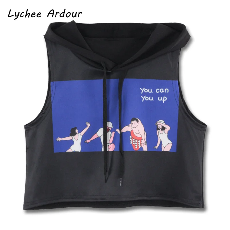 Lychee Ardour Gymnastics Print Hooded Tank Top Spring Summer Casual Streetwear Fashion Sleeveless Short Hem Tops | Женская одежда