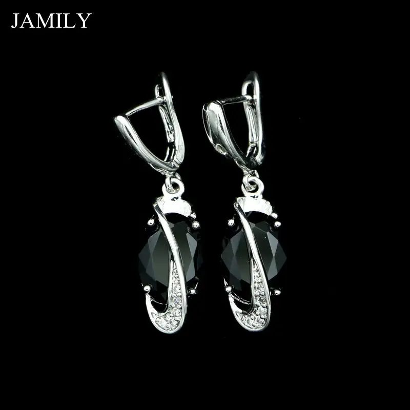 Серебряные ювелирные изделия JAMILY из серебра 925 пробы с черным камнем и кубическим цирконием серьги-капли в стиле 
