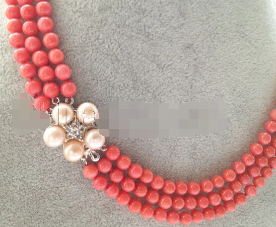 Jewelr 004884 Горячая 17 19 &quot3 ряда 6 мм темно розовые идеально круглые коралловые