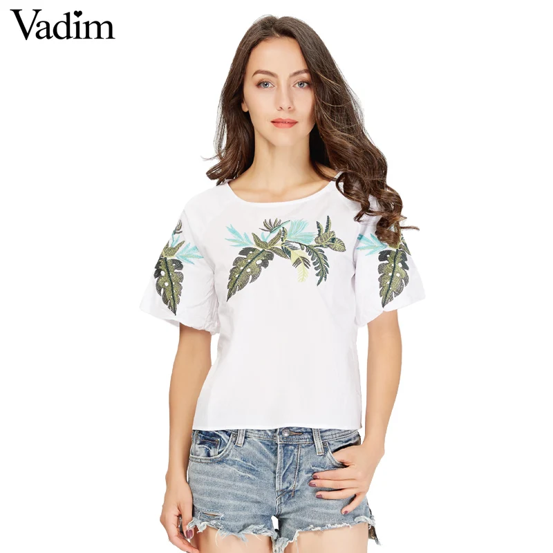 Женское элегантное платье vadim leaf embroidery, рубашки с коротким рукавом и круглым вырезом, белая блузка, женские летние повседневные топы, blusas mujer DT1071