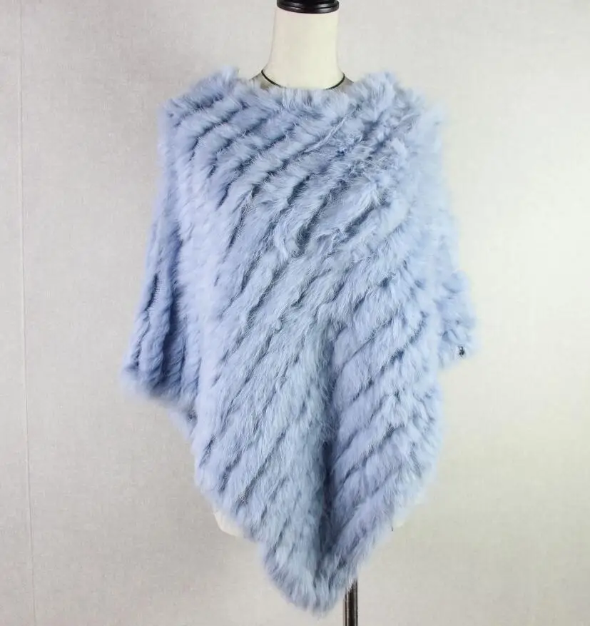 light blue Ручная работа, вязаное женское пончо из кроличьего меха, натуральный мех кролика, Модное пончо, шаль, куртка, пальто - Цвет: light blue