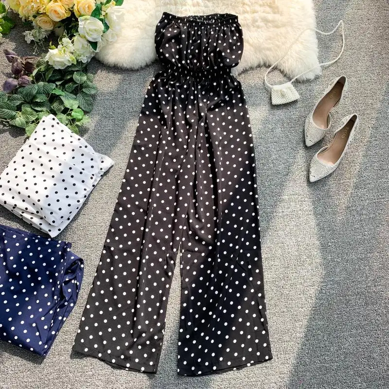 Женский пляжный комбинезон ALPHALMODA без бретелек в горошек с широкими штанинами