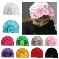 new infant newborn caps with shabby chiffon flowers cotton blend kont turban girls stretchy beanie hat baby hair accessories
