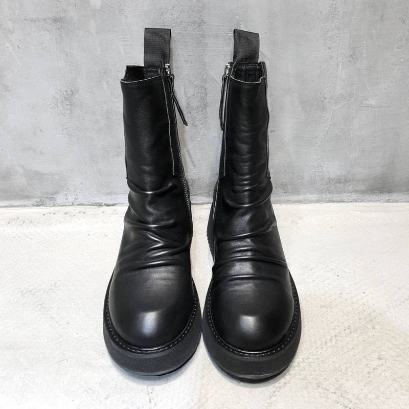 Fashion Men Thick Platform Ankle Boots High Top Genuine Leather Motorcycle Shoes Round Toe Zipper Military Safety | Обувь