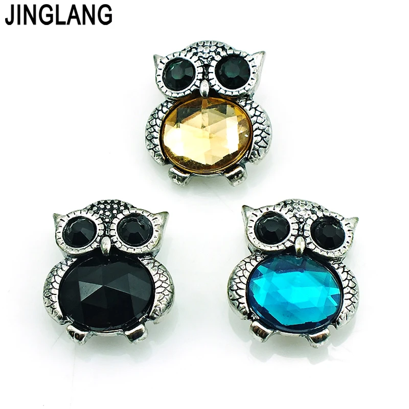 

JINGLANG Fashion 3 Color Crystal Owl 18mm Snap Button Metal Clasp Button DIY Interchangeable Jewelry Accessories Free Shipping